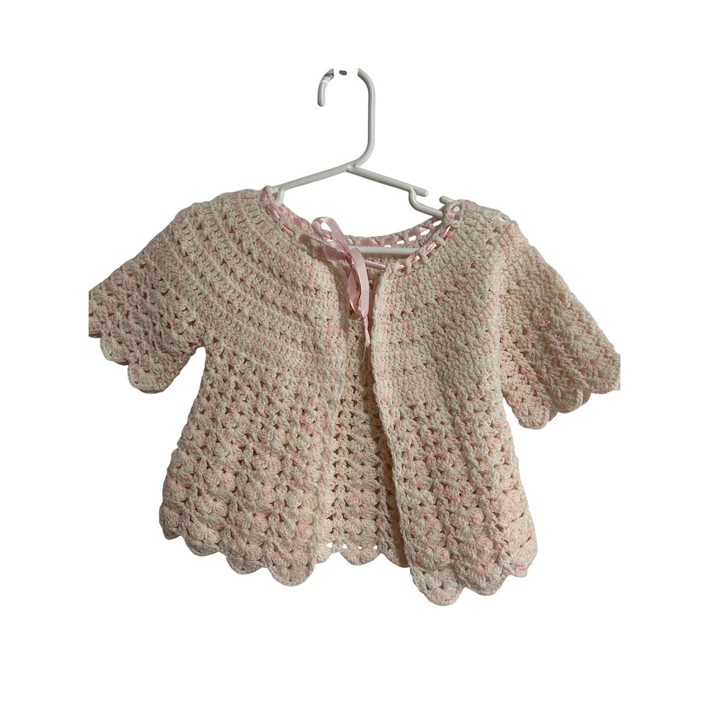 Handmade Crochet Baby or Doll Sweater Cardigan Pink Cream Scalloped Ribbon Tier